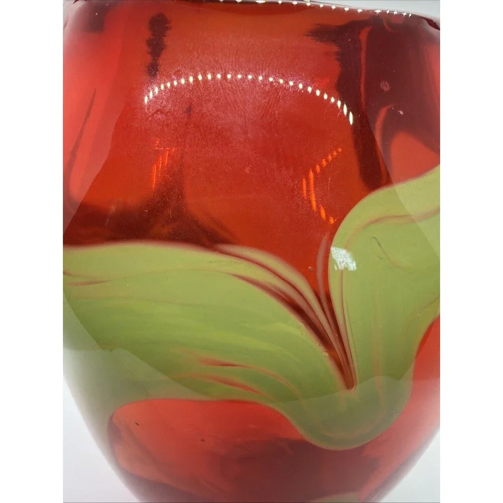 Rainbow CASED GLASS  10” Watercolor Heavy Art Glass Hand Blown Vase- Red Green